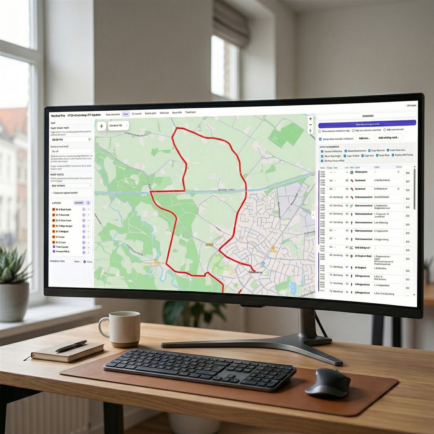 Route planning interface on ultra-wide monitor